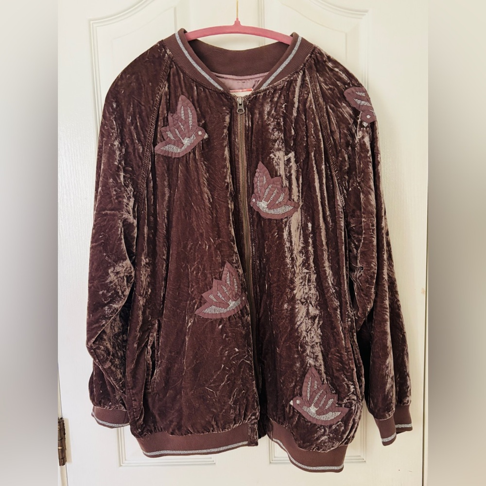 Hei Hei Anthropologie Embroderied Brown Velvet Bomber Jacket Women’s M